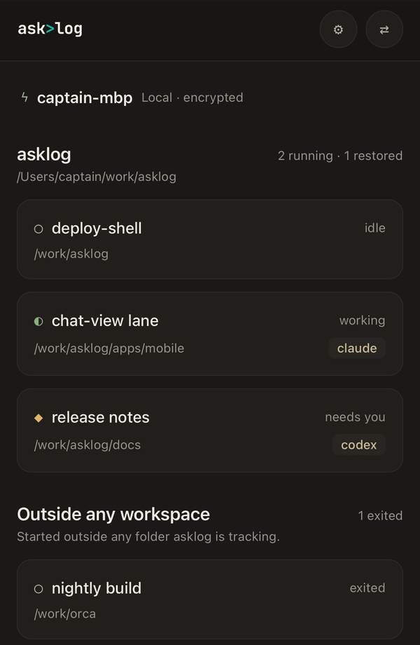 The asklog iPhone app listing coding-agent sessions running on a Mac: a Claude session working and a Codex session waiting for input.